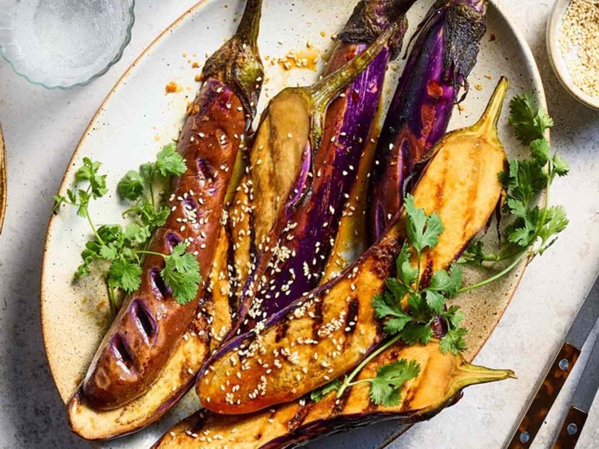 Griddled aubergines with sesame dressing — Turkish recipe
