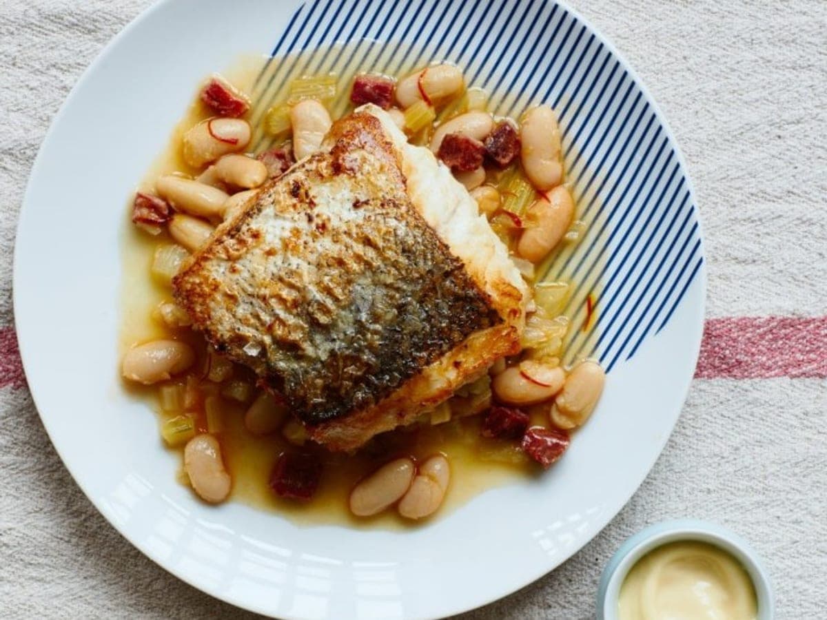 Pan-fried hake, white bean & chorizo broth — Spanish recipe