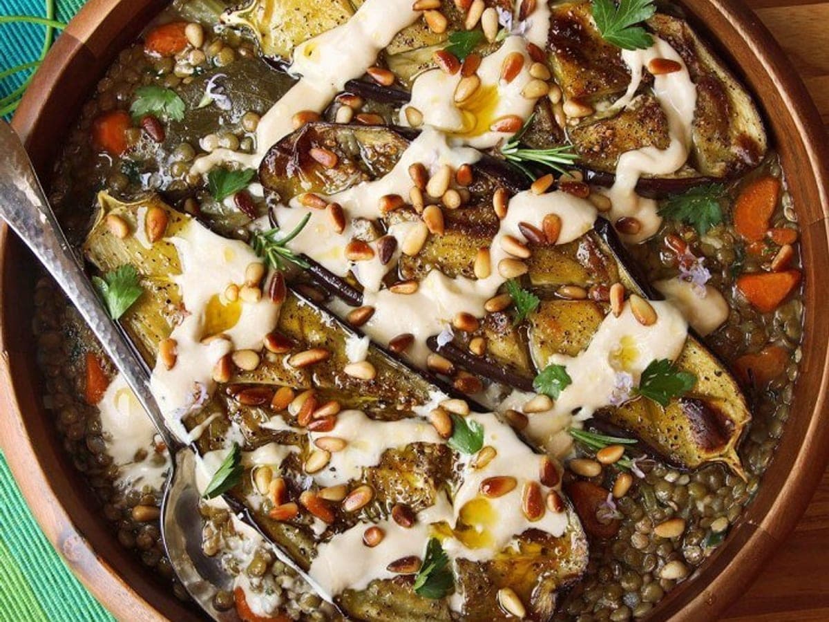 Roasted Eggplant With Tahini, Pine Nuts, and Lentils — United States recipe