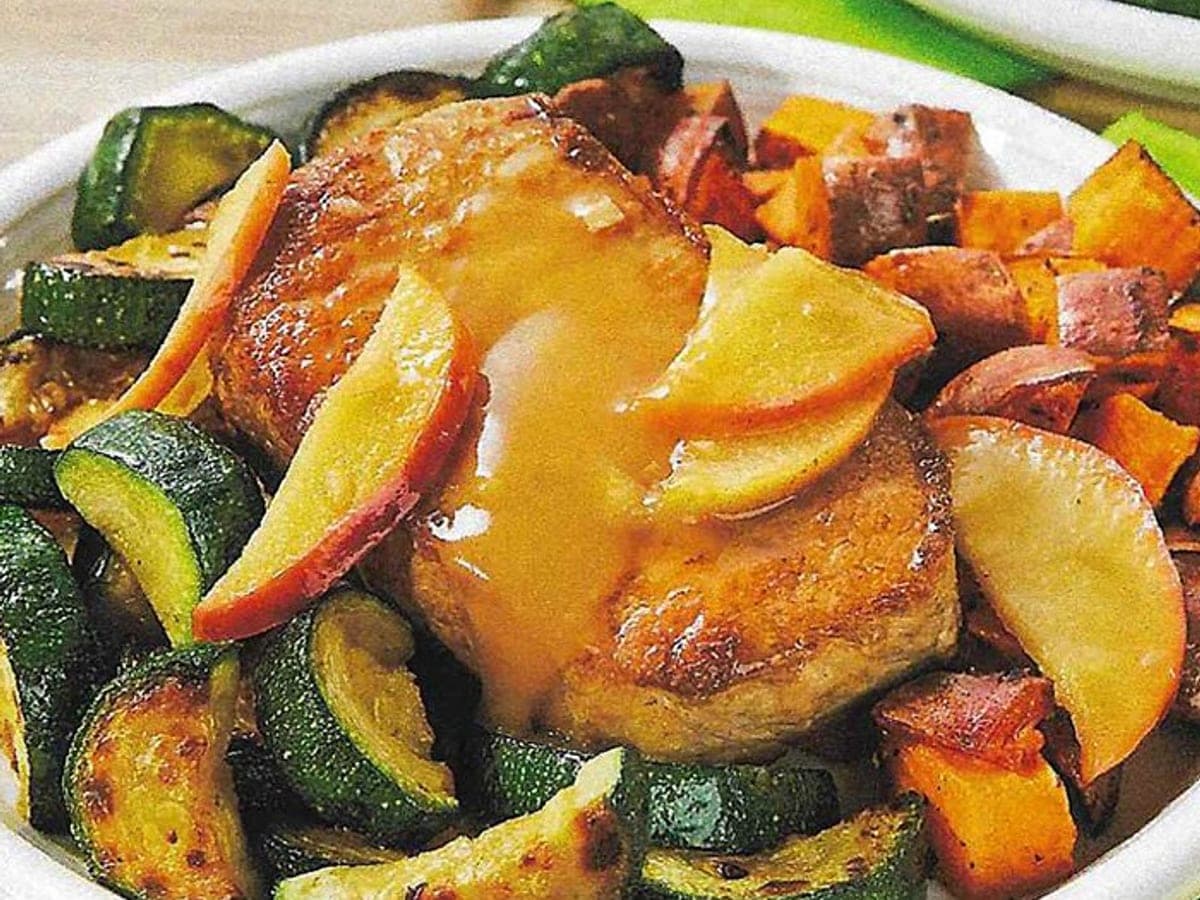 Skillet Apple Pork Chops with Roasted Sweet Potatoes & Zucchini — United States recipe