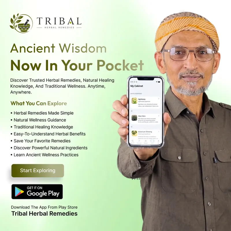 Elder from the Tribal People Try channel holding the Tribal Herbal Remedies app