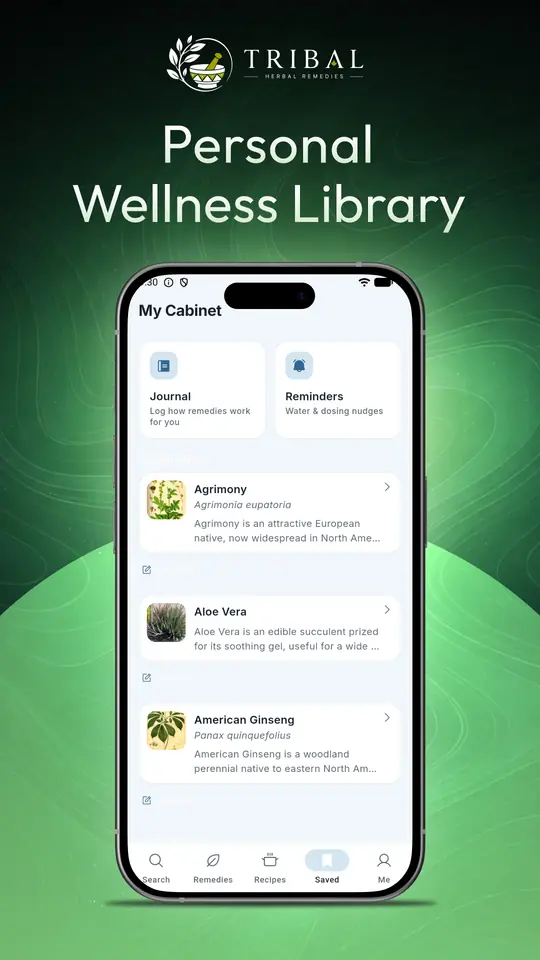 My Cabinet screen with journal, reminders and saved remedies