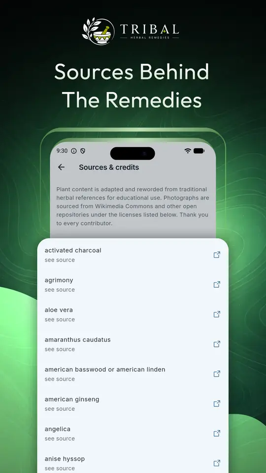 Sources and credits screen listing the reference for each plant